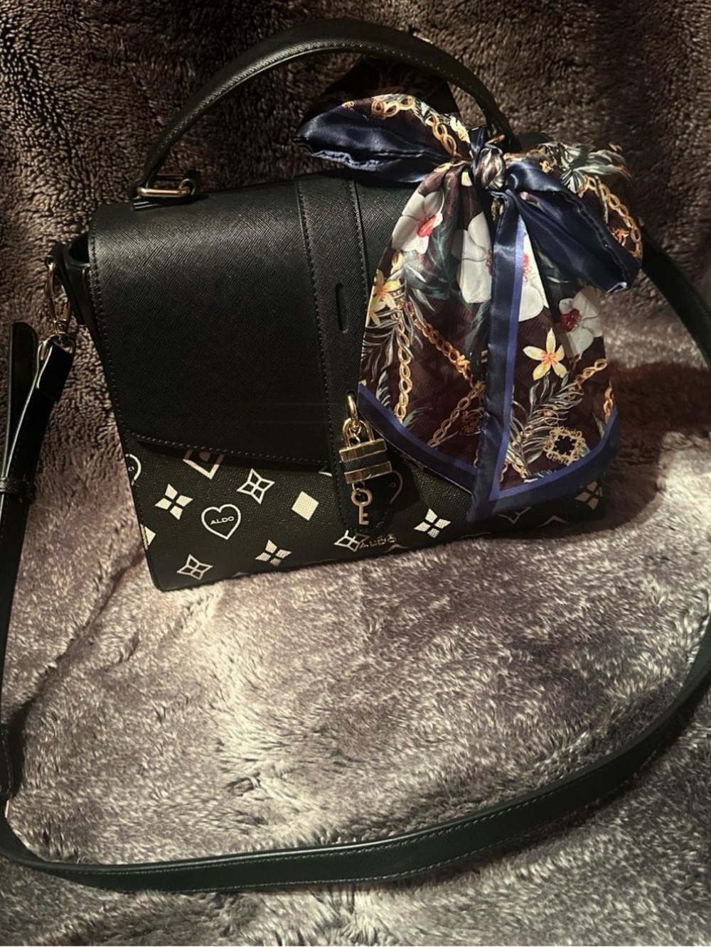Aldo Black Patterned Top-Handle Crossbody with Floral Scarf